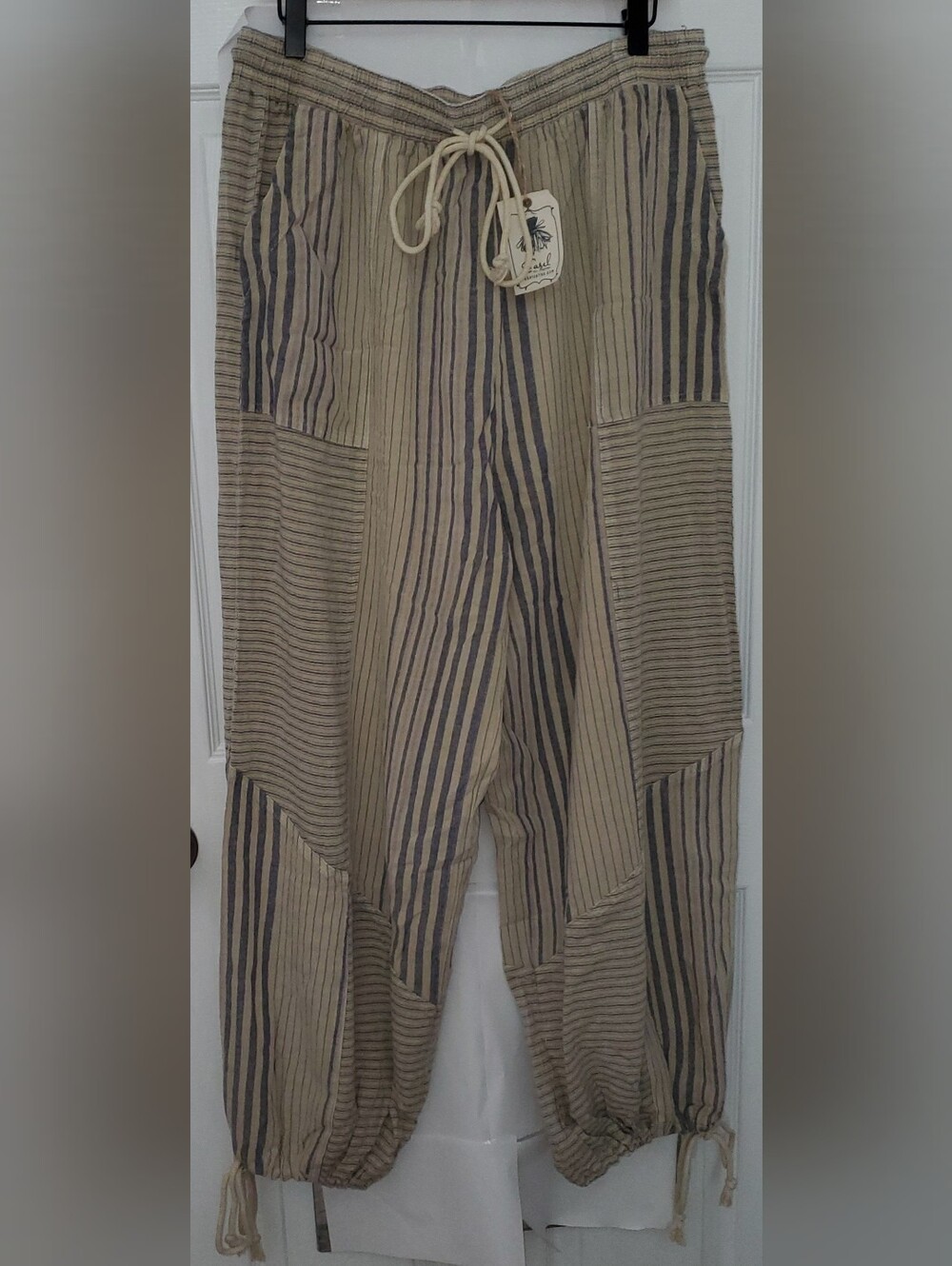 Easel Beige and Navy Striped Wide-Leg Pants